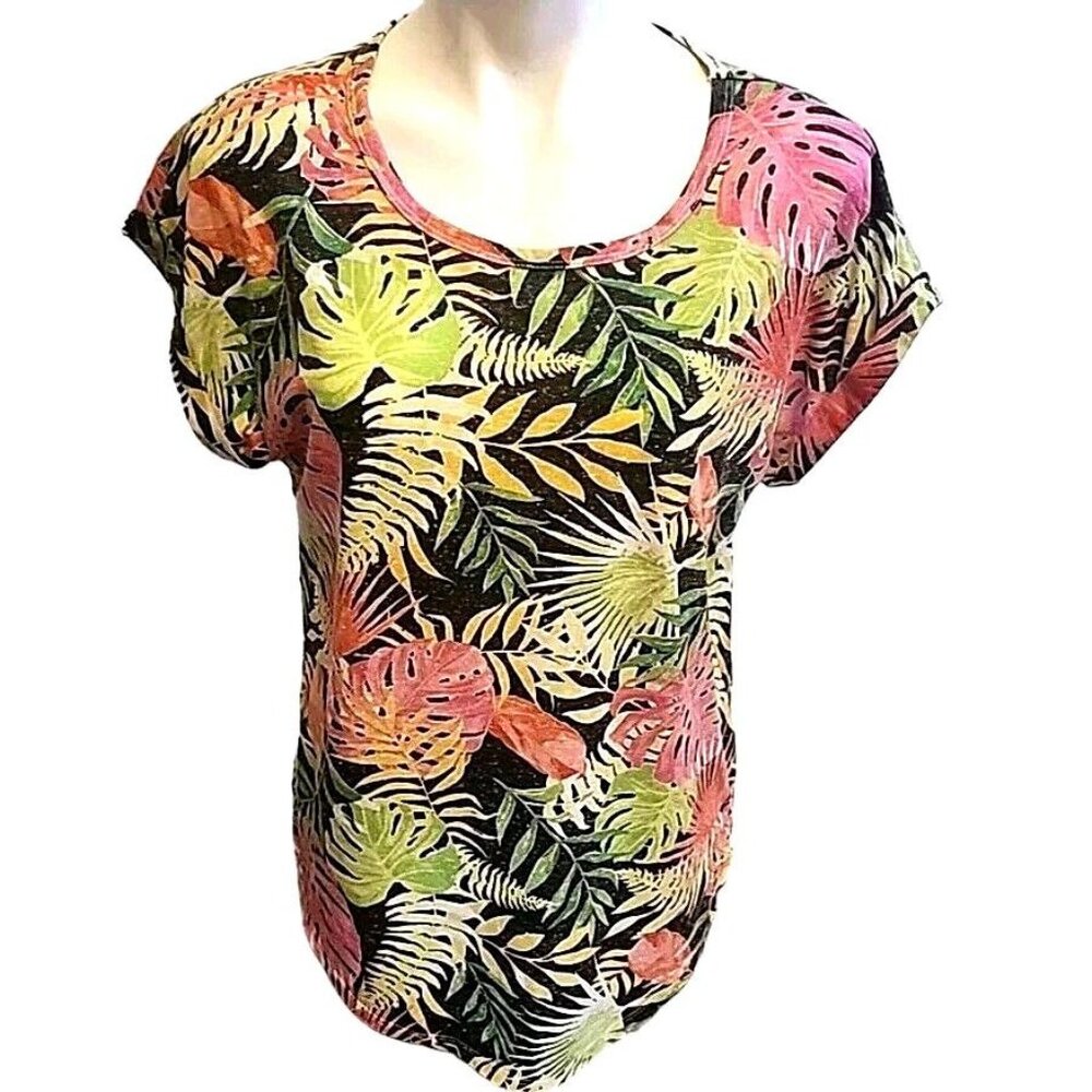 Medium Floral Short Sleeve Shirt LA Threads Hawaiian  Multicolor Blouse Top Slub